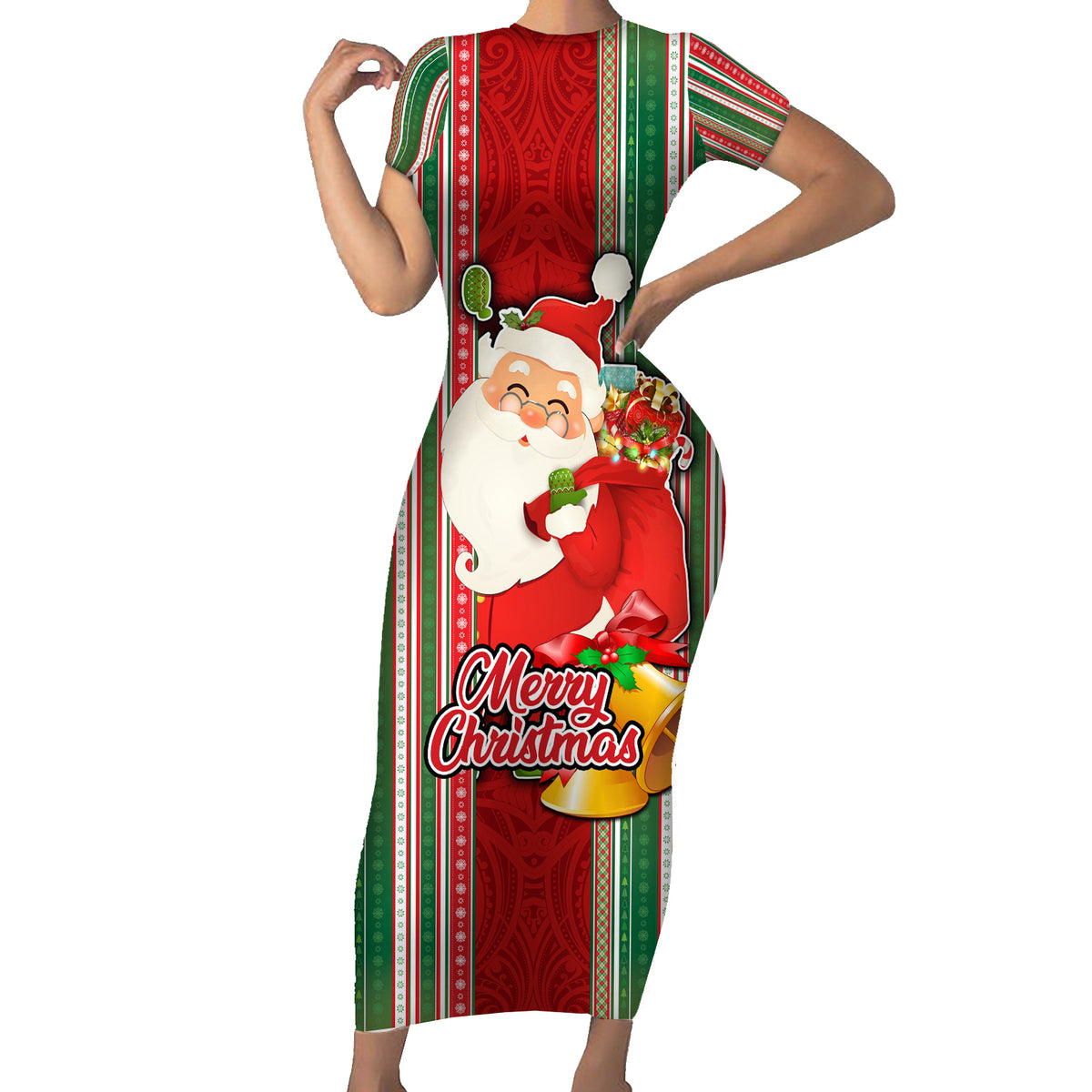 Custom Kiribati Christmas Family Matching Short Sleeve Bodycon Dress and Hawaiian Shirt Santa With Gift Bag Behind Ribbons Seamless Red Maori LT03 Mom's Dress Red - Polynesian Pride