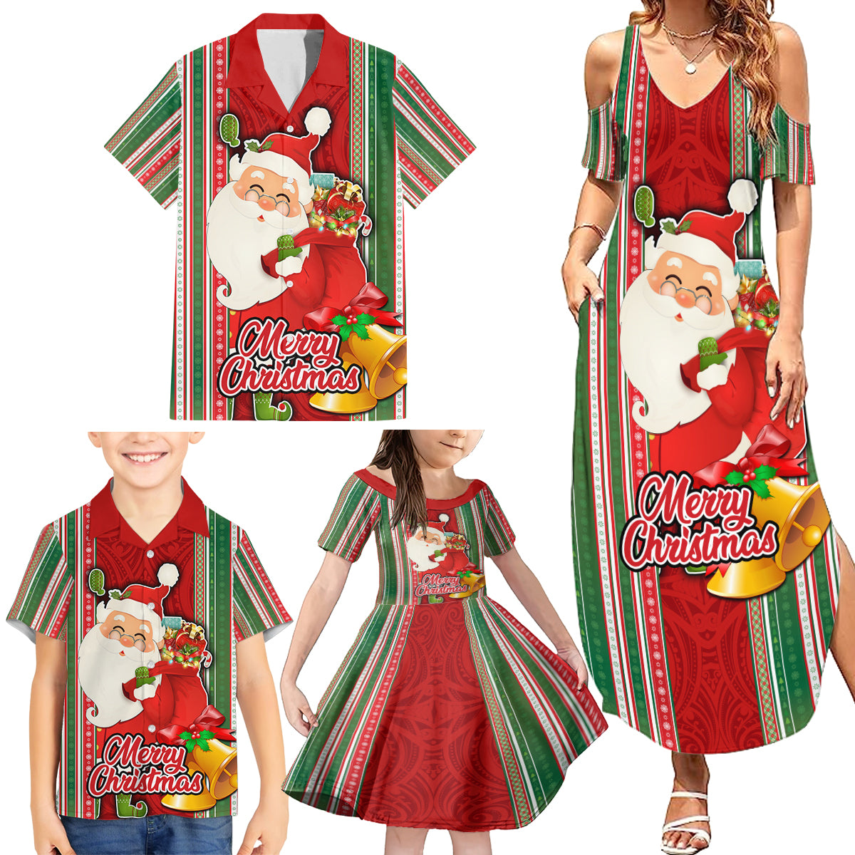 Custom Kiribati Christmas Family Matching Summer Maxi Dress and Hawaiian Shirt Santa With Gift Bag Behind Ribbons Seamless Red Maori LT03 - Polynesian Pride