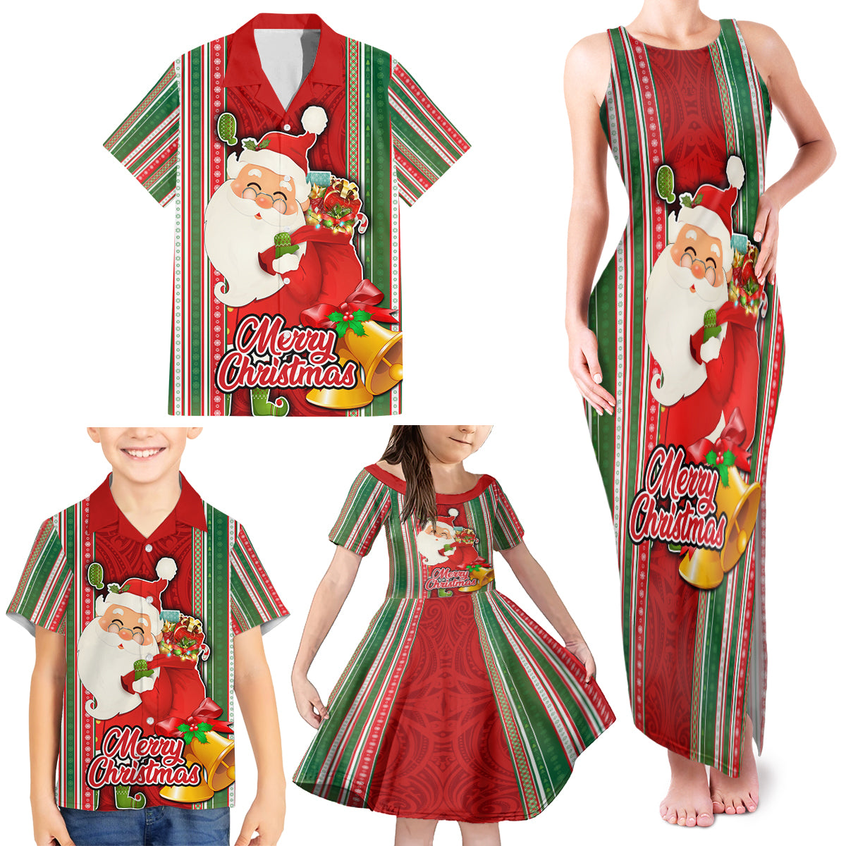 Custom Kiribati Christmas Family Matching Tank Maxi Dress and Hawaiian Shirt Santa With Gift Bag Behind Ribbons Seamless Red Maori LT03 - Polynesian Pride