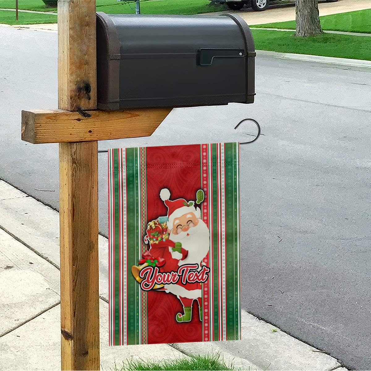 Custom Kiribati Christmas Garden Flag Santa With Gift Bag Behind Ribbons Seamless Red Maori LT03 - Polynesian Pride