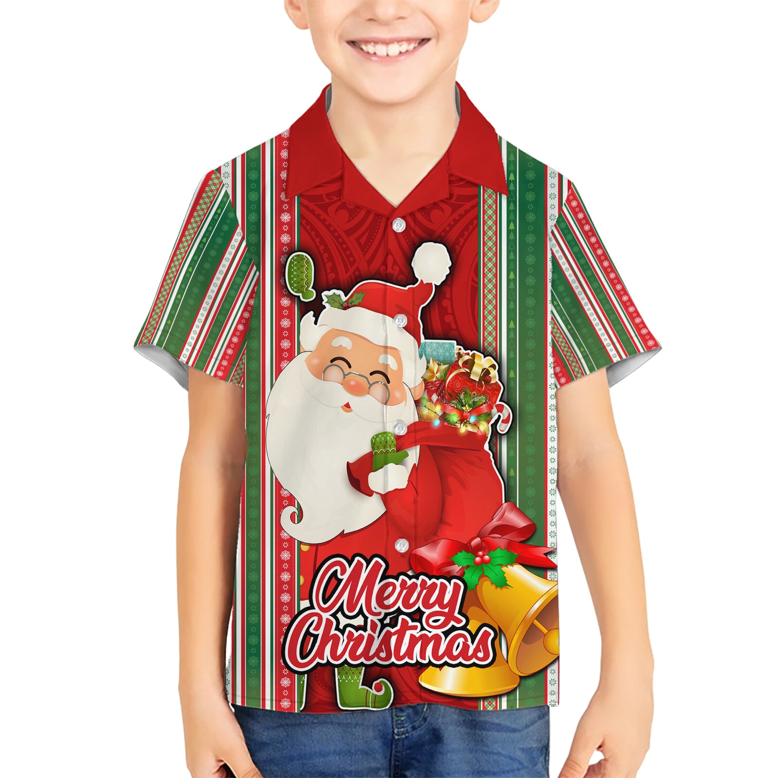 Custom Kiribati Christmas Kid Hawaiian Shirt Santa With Gift Bag Behind Ribbons Seamless Red Maori LT03 Kid Red - Polynesian Pride