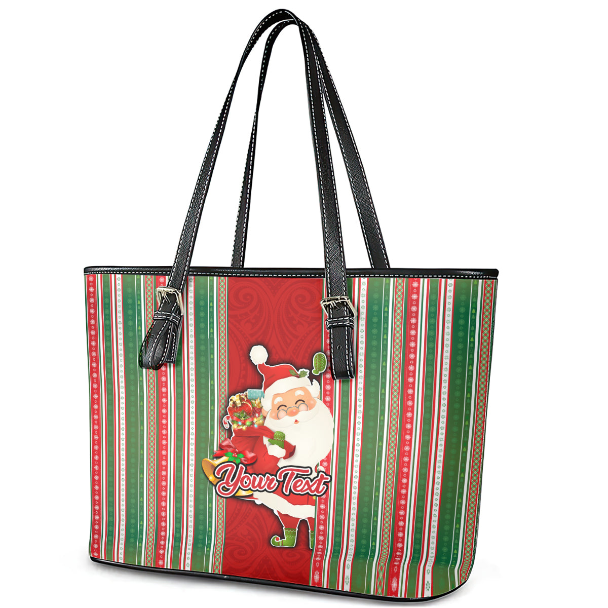 Custom Kiribati Christmas Leather Tote Bag Santa With Gift Bag Behind Ribbons Seamless Red Maori LT03 - Polynesian Pride