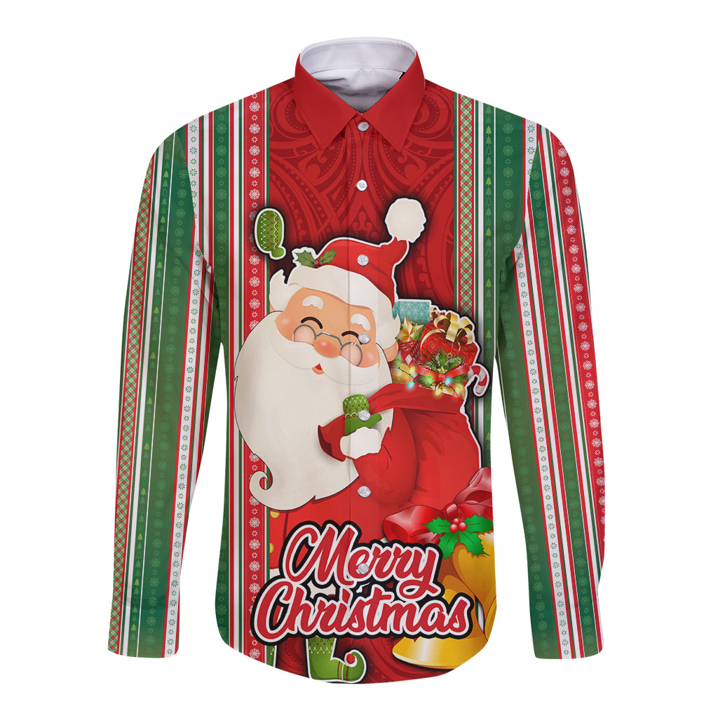 Custom Kiribati Christmas Long Sleeve Button Shirt Santa With Gift Bag Behind Ribbons Seamless Red Maori LT03 Unisex Red - Polynesian Pride