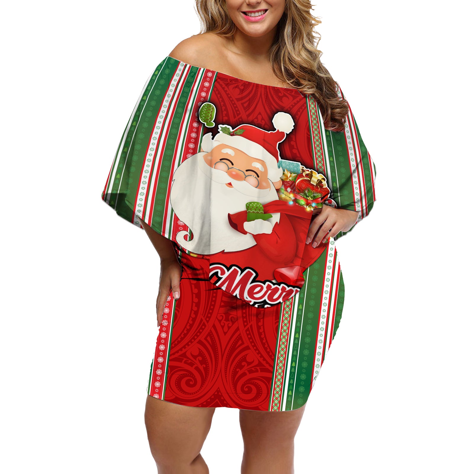 Custom Kiribati Christmas Off Shoulder Short Dress Santa With Gift Bag Behind Ribbons Seamless Red Maori LT03 Women Red - Polynesian Pride