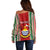 Custom Kiribati Christmas Off Shoulder Sweater Santa With Gift Bag Behind Ribbons Seamless Red Maori LT03 - Polynesian Pride