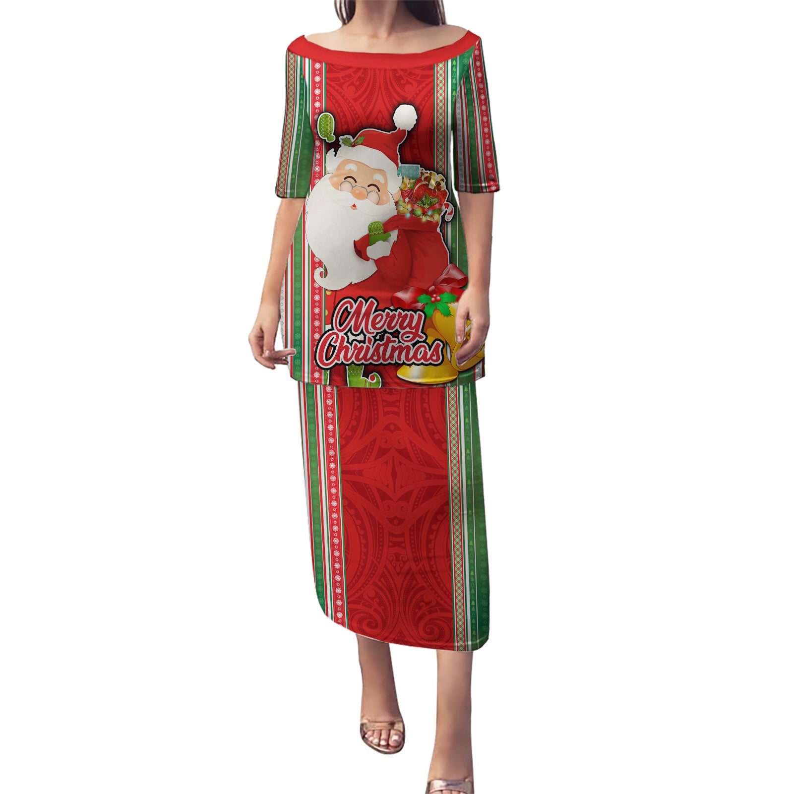 Custom Kiribati Christmas Puletasi Santa With Gift Bag Behind Ribbons Seamless Red Maori LT03 Long Dress Red - Polynesian Pride