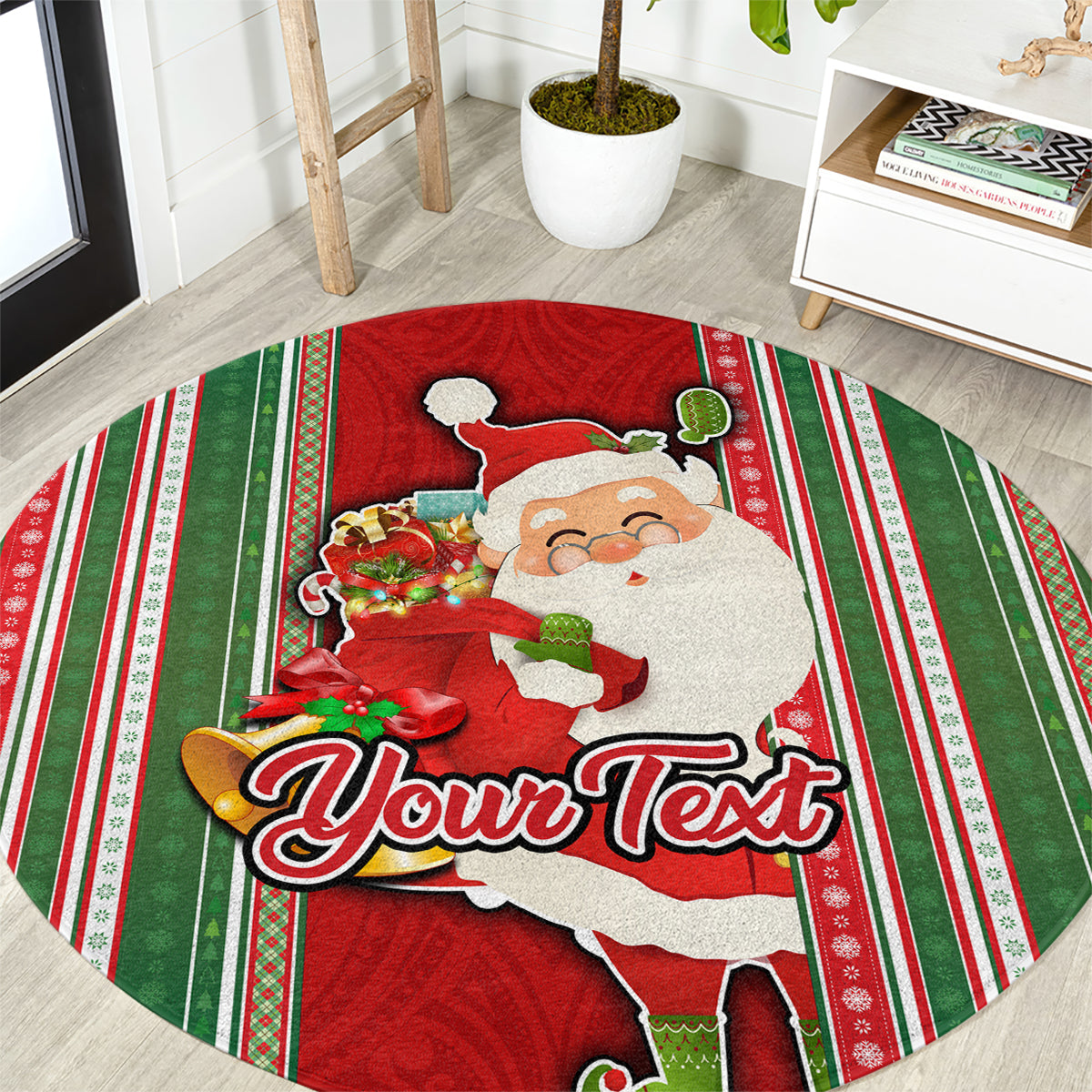 Custom Kiribati Christmas Round Carpet Santa With Gift Bag Behind Ribbons Seamless Red Maori LT03 Red - Polynesian Pride