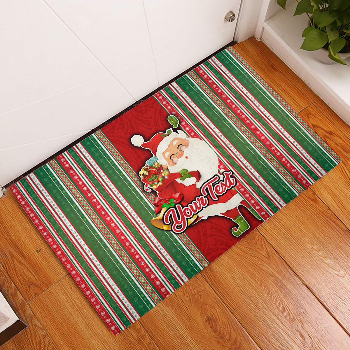 Custom Kiribati Christmas Rubber Doormat Santa With Gift Bag Behind Ribbons Seamless Red Maori LT03 Red - Polynesian Pride