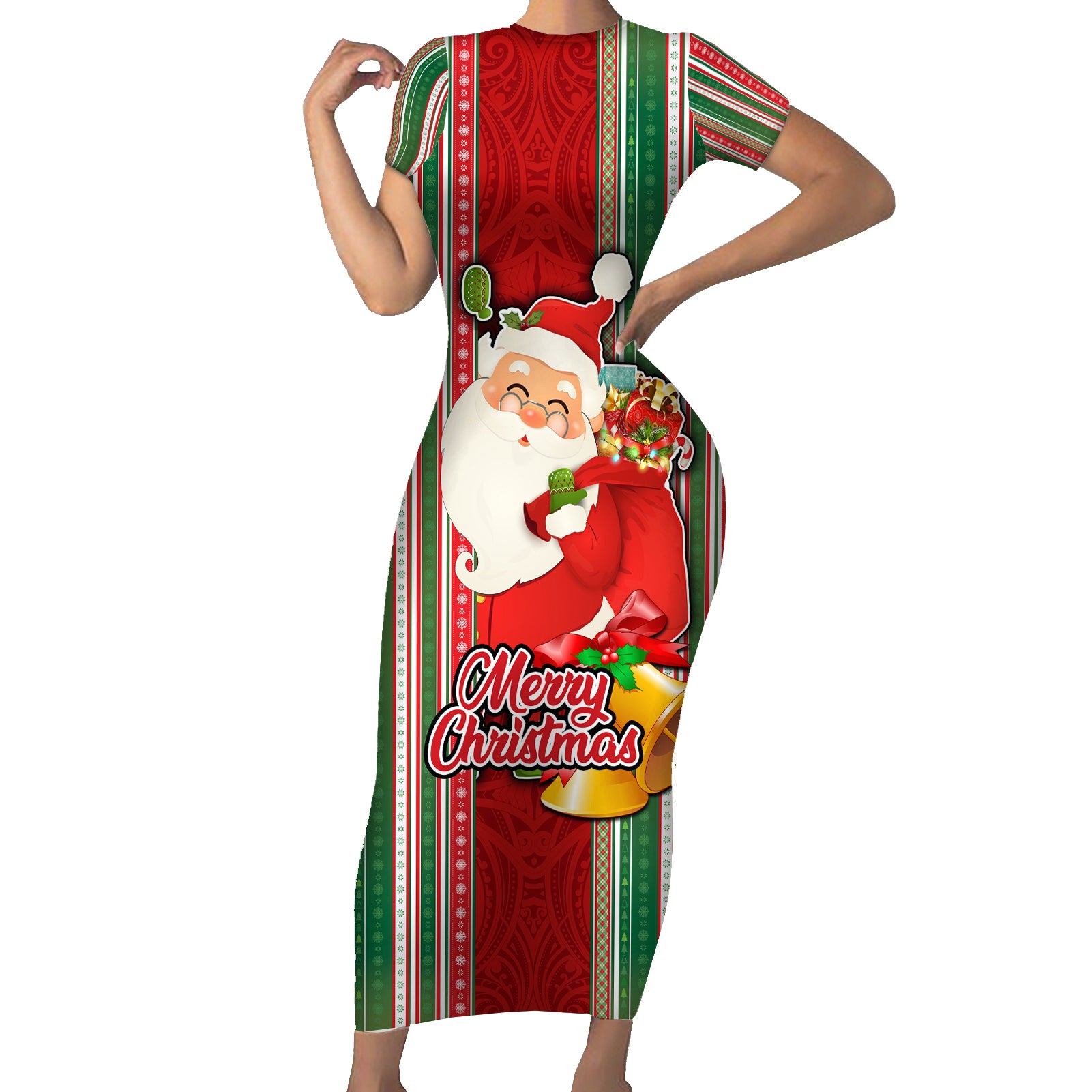 Custom Kiribati Christmas Short Sleeve Bodycon Dress Santa With Gift Bag Behind Ribbons Seamless Red Maori LT03 Long Dress Red - Polynesian Pride