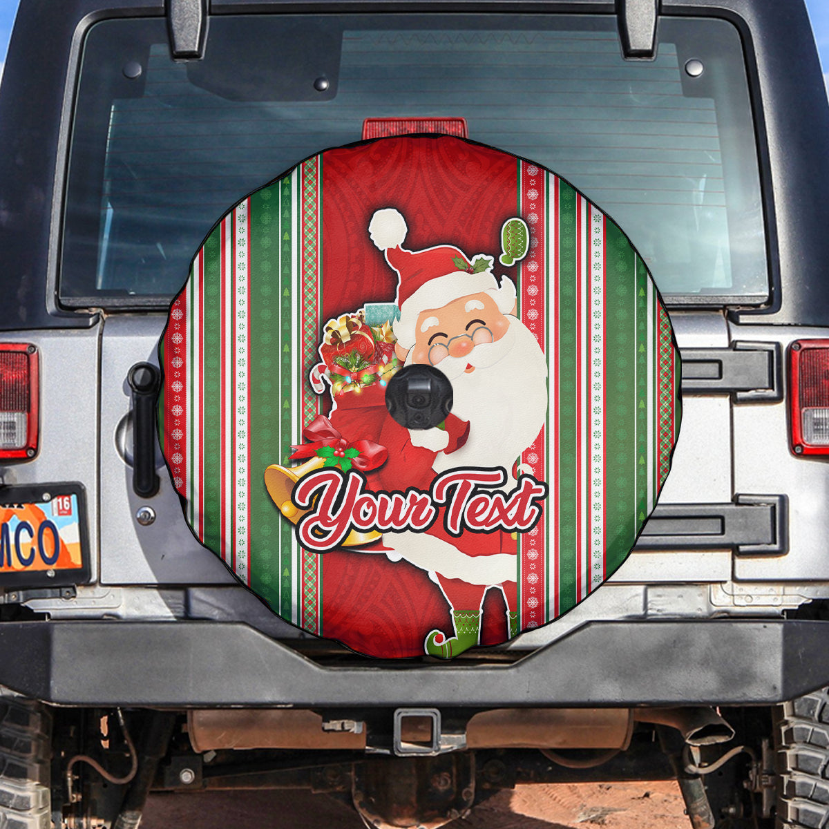 Custom Kiribati Christmas Spare Tire Cover Santa With Gift Bag Behind Ribbons Seamless Red Maori LT03 - Polynesian Pride
