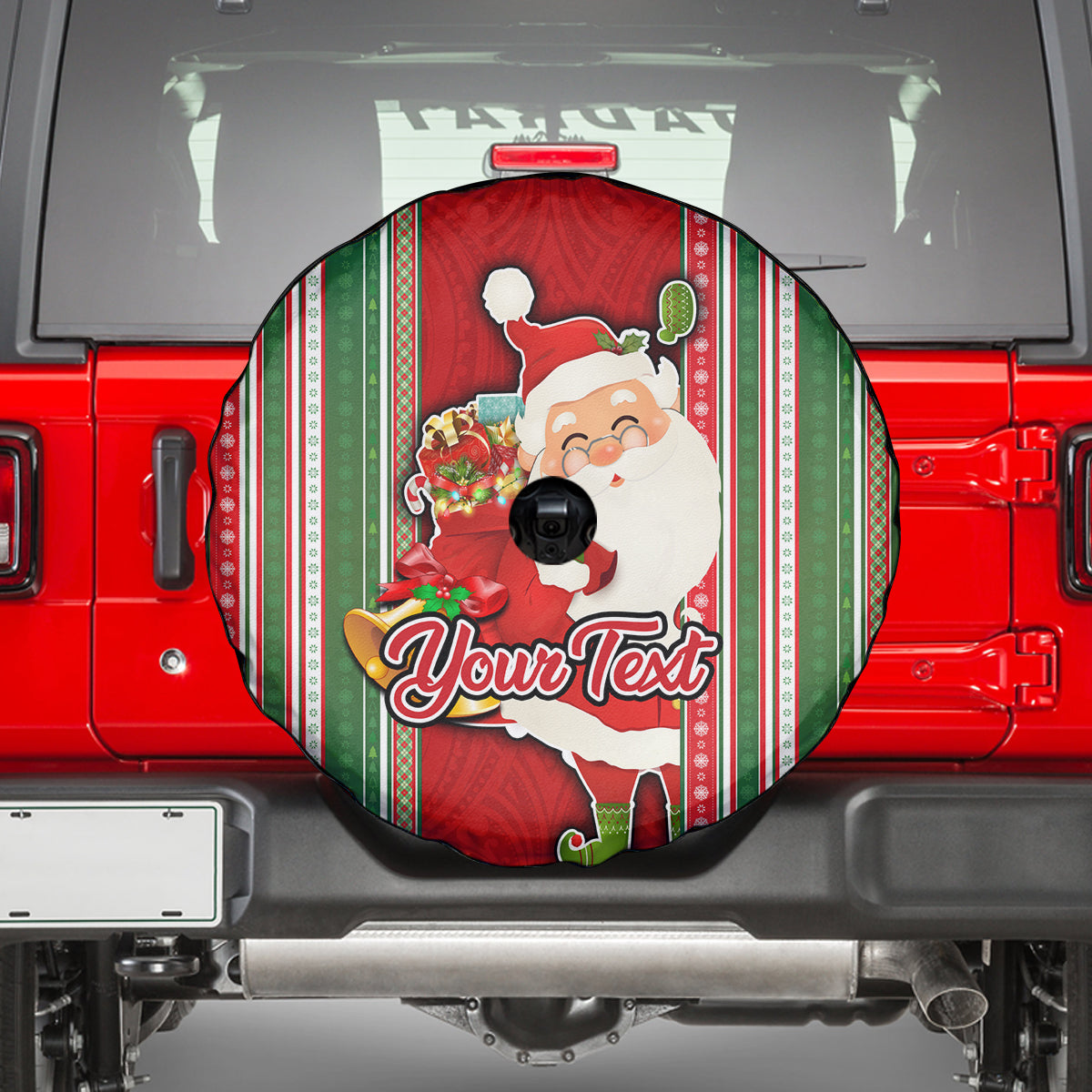 Custom Kiribati Christmas Spare Tire Cover Santa With Gift Bag Behind Ribbons Seamless Red Maori LT03 - Polynesian Pride