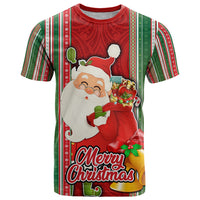 Custom Kiribati Christmas T Shirt Santa With Gift Bag Behind Ribbons Seamless Red Maori LT03 Red - Polynesian Pride