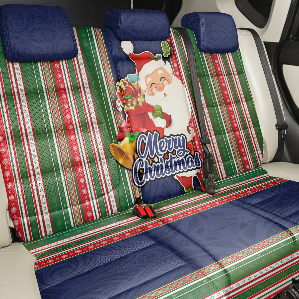 Kiribati Christmas Back Car Seat Cover Santa With Gift Bag Behind Ribbons Seamless Blue Maori