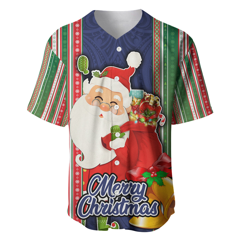 Kiribati Christmas Baseball Jersey Santa With Gift Bag Behind Ribbons Seamless Blue Maori LT03 Blue - Polynesian Pride