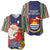 Kiribati Christmas Baseball Jersey Santa With Gift Bag Behind Ribbons Seamless Blue Maori LT03 - Polynesian Pride