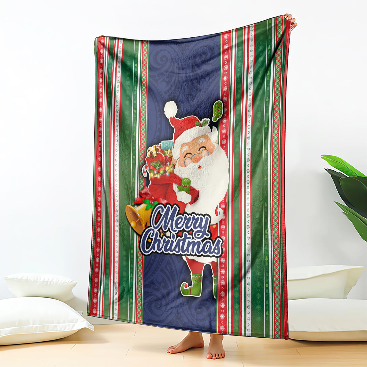 Kiribati Christmas Blanket Santa With Gift Bag Behind Ribbons Seamless Blue Maori LT03 Blue - Polynesian Pride