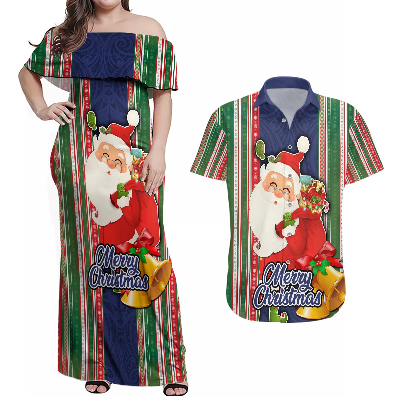 Kiribati Christmas Couples Matching Off Shoulder Maxi Dress and Hawaiian Shirt Santa With Gift Bag Behind Ribbons Seamless Blue Maori LT03 Blue - Polynesian Pride