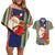 Kiribati Christmas Couples Matching Off Shoulder Short Dress and Hawaiian Shirt Santa With Gift Bag Behind Ribbons Seamless Blue Maori LT03 Blue - Polynesian Pride