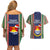 Kiribati Christmas Couples Matching Off Shoulder Short Dress and Hawaiian Shirt Santa With Gift Bag Behind Ribbons Seamless Blue Maori LT03 - Polynesian Pride