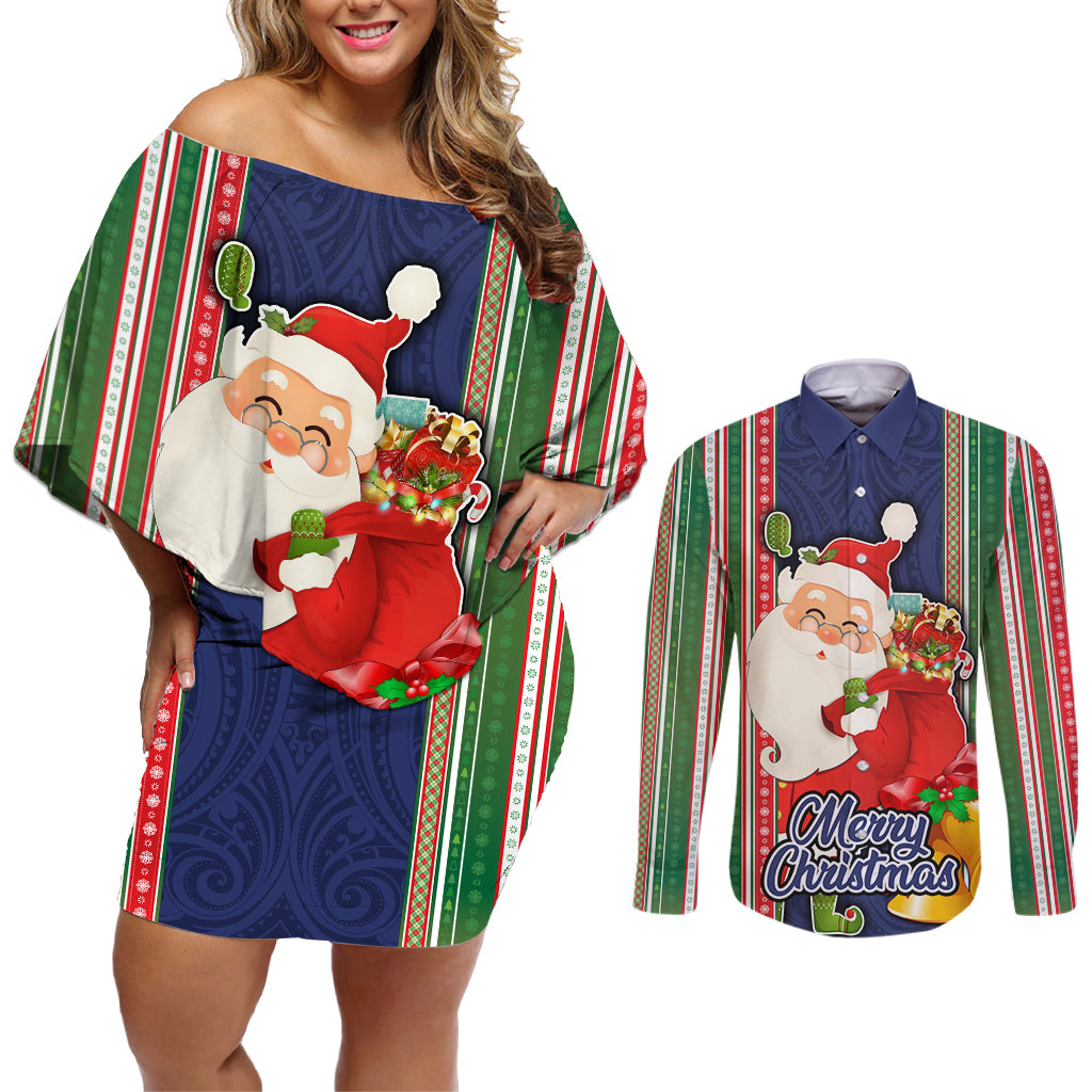 Kiribati Christmas Couples Matching Off Shoulder Short Dress and Long Sleeve Button Shirts Santa With Gift Bag Behind Ribbons Seamless Blue Maori LT03 Blue - Polynesian Pride