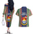 Kiribati Christmas Couples Matching Off The Shoulder Long Sleeve Dress and Hawaiian Shirt Santa With Gift Bag Behind Ribbons Seamless Blue Maori LT03 - Polynesian Pride