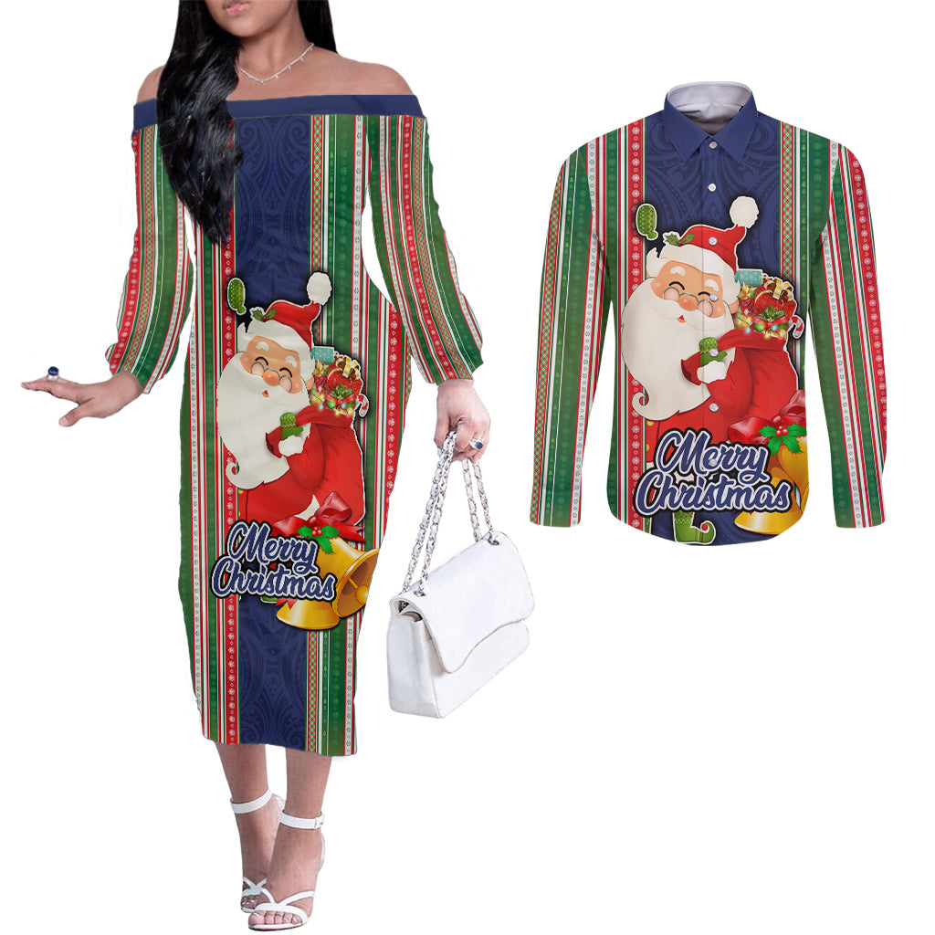 Kiribati Christmas Couples Matching Off The Shoulder Long Sleeve Dress and Long Sleeve Button Shirts Santa With Gift Bag Behind Ribbons Seamless Blue Maori LT03 Blue - Polynesian Pride