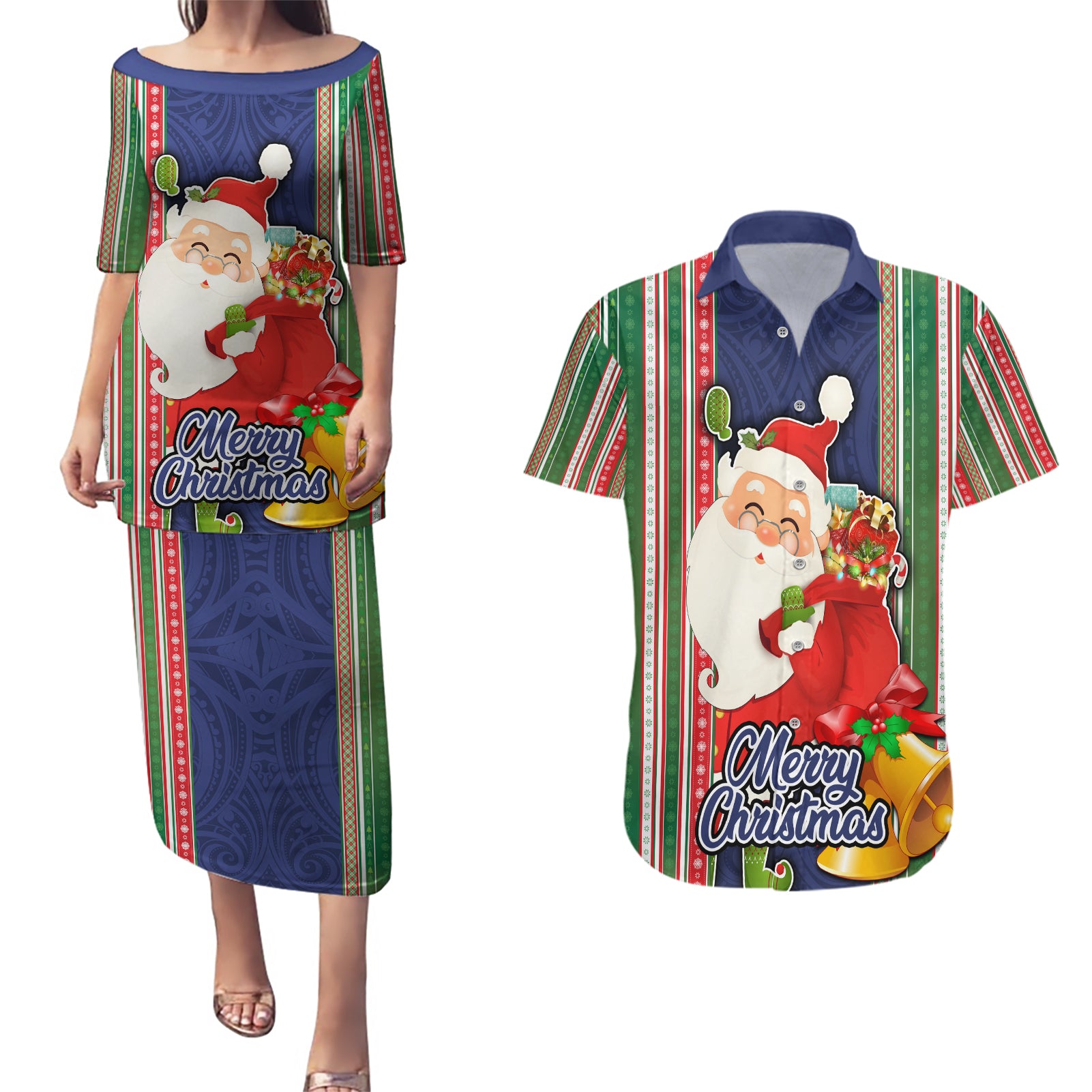 Kiribati Christmas Couples Matching Puletasi Dress and Hawaiian Shirt Santa With Gift Bag Behind Ribbons Seamless Blue Maori LT03 Blue - Polynesian Pride