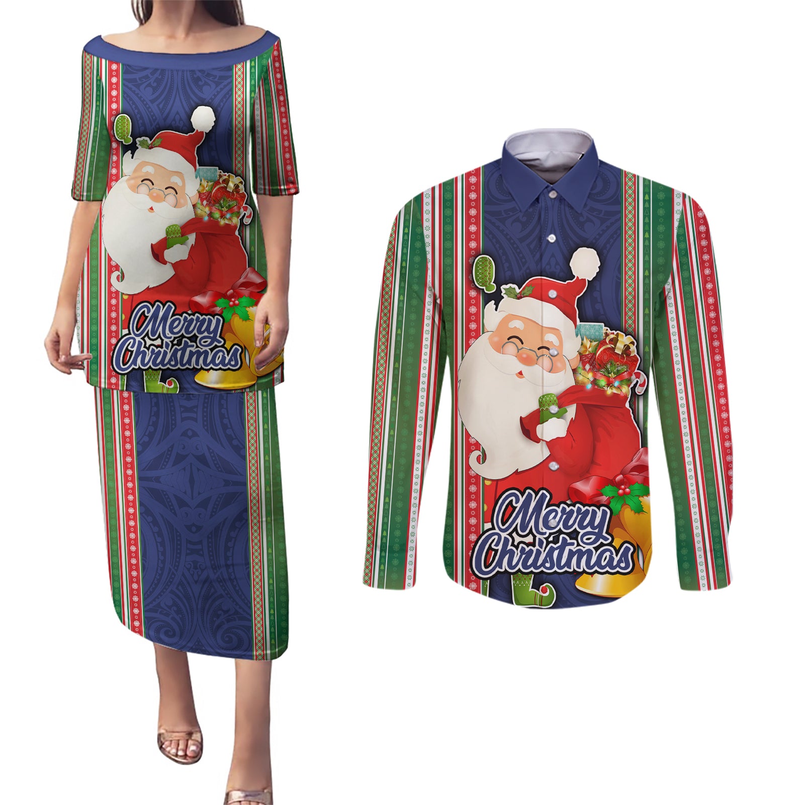 Kiribati Christmas Couples Matching Puletasi Dress and Long Sleeve Button Shirts Santa With Gift Bag Behind Ribbons Seamless Blue Maori LT03 Blue - Polynesian Pride