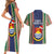 Kiribati Christmas Couples Matching Short Sleeve Bodycon Dress and Hawaiian Shirt Santa With Gift Bag Behind Ribbons Seamless Blue Maori LT03 - Polynesian Pride