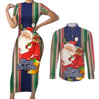 Kiribati Christmas Couples Matching Short Sleeve Bodycon Dress and Long Sleeve Button Shirts Santa With Gift Bag Behind Ribbons Seamless Blue Maori LT03 Blue - Polynesian Pride