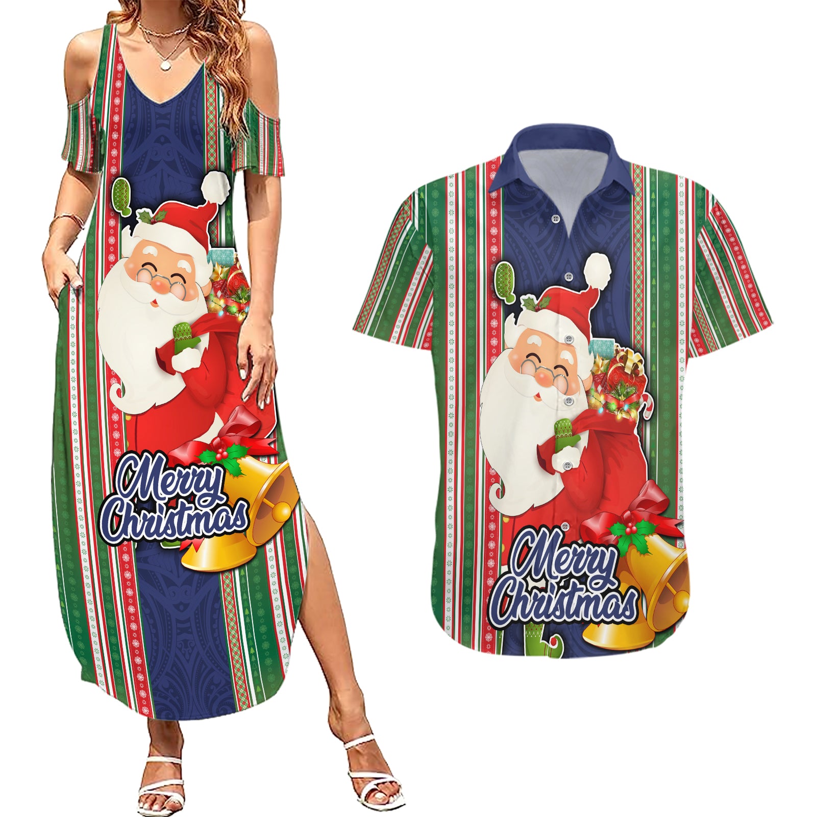 Kiribati Christmas Couples Matching Summer Maxi Dress and Hawaiian Shirt Santa With Gift Bag Behind Ribbons Seamless Blue Maori LT03 Blue - Polynesian Pride