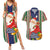 Kiribati Christmas Couples Matching Summer Maxi Dress and Hawaiian Shirt Santa With Gift Bag Behind Ribbons Seamless Blue Maori LT03 Blue - Polynesian Pride