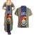 Kiribati Christmas Couples Matching Summer Maxi Dress and Hawaiian Shirt Santa With Gift Bag Behind Ribbons Seamless Blue Maori LT03 - Polynesian Pride