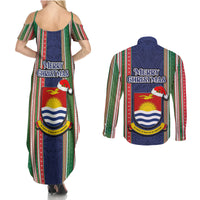 Kiribati Christmas Couples Matching Summer Maxi Dress and Long Sleeve Button Shirts Santa With Gift Bag Behind Ribbons Seamless Blue Maori LT03 - Polynesian Pride