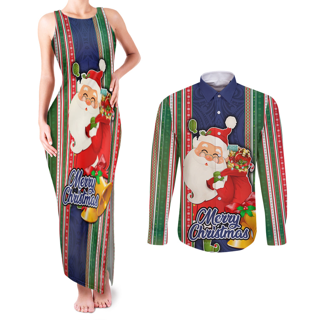 Kiribati Christmas Couples Matching Tank Maxi Dress and Long Sleeve Button Shirts Santa With Gift Bag Behind Ribbons Seamless Blue Maori LT03 Blue - Polynesian Pride