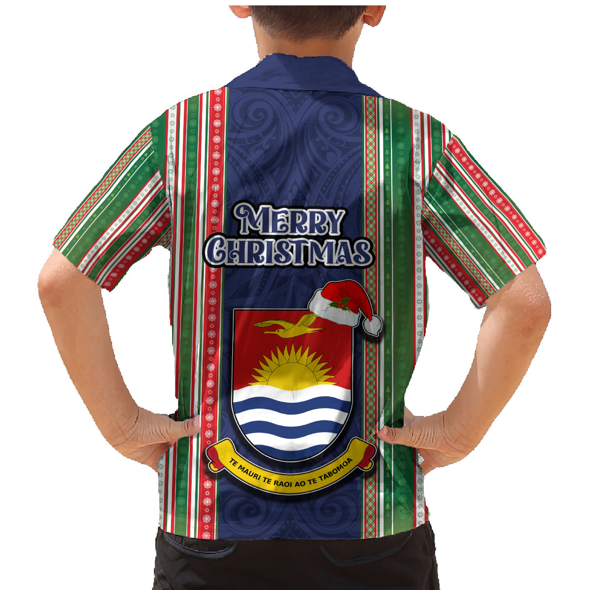 Kiribati Christmas Family Matching Mermaid Dress and Hawaiian Shirt Santa With Gift Bag Behind Ribbons Seamless Blue Maori LT03 - Polynesian Pride