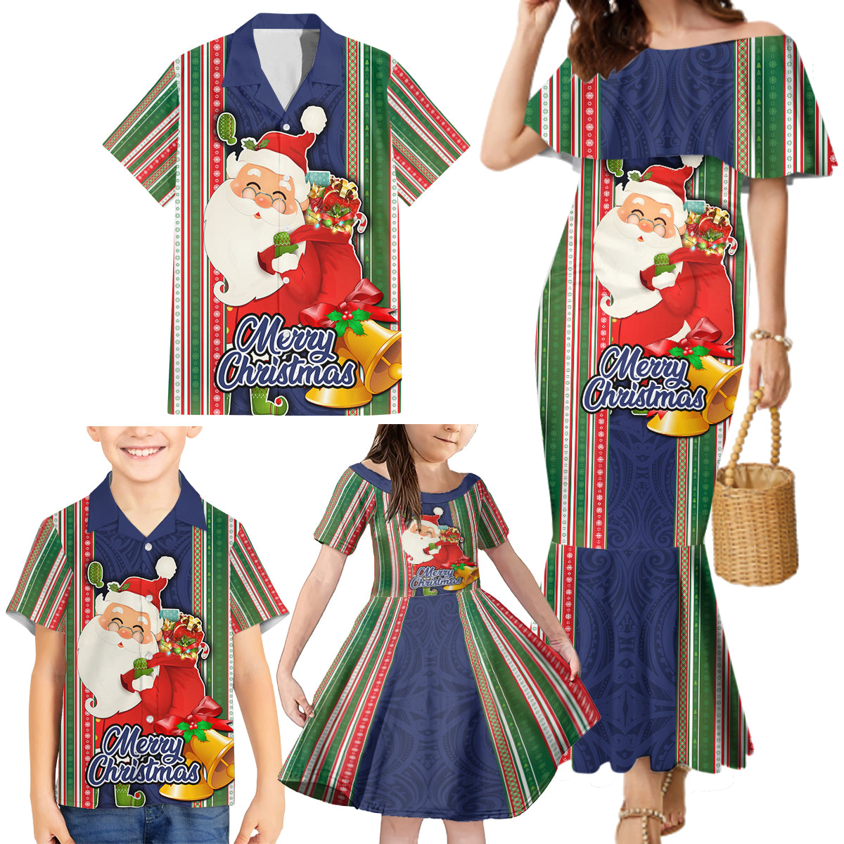 Kiribati Christmas Family Matching Mermaid Dress and Hawaiian Shirt Santa With Gift Bag Behind Ribbons Seamless Blue Maori LT03 - Polynesian Pride