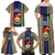 Kiribati Christmas Family Matching Off Shoulder Maxi Dress and Hawaiian Shirt Santa With Gift Bag Behind Ribbons Seamless Blue Maori LT03 - Polynesian Pride