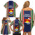 Kiribati Christmas Family Matching Off Shoulder Short Dress and Hawaiian Shirt Santa With Gift Bag Behind Ribbons Seamless Blue Maori LT03 - Polynesian Pride