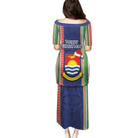 Kiribati Christmas Family Matching Puletasi Dress and Hawaiian Shirt Santa With Gift Bag Behind Ribbons Seamless Blue Maori LT03 - Polynesian Pride