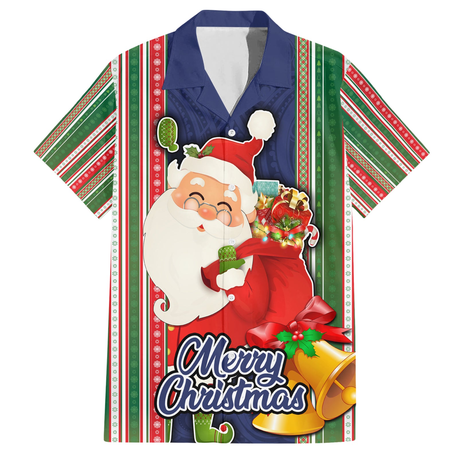 Kiribati Christmas Hawaiian Shirt Santa With Gift Bag Behind Ribbons Seamless Blue Maori LT03 Blue - Polynesian Pride