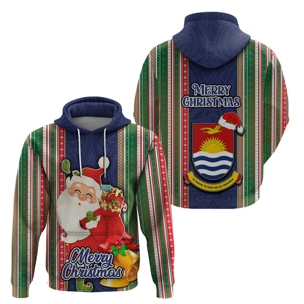 Kiribati Christmas Hoodie Santa With Gift Bag Behind Ribbons Seamless Blue Maori LT03 - Polynesian Pride