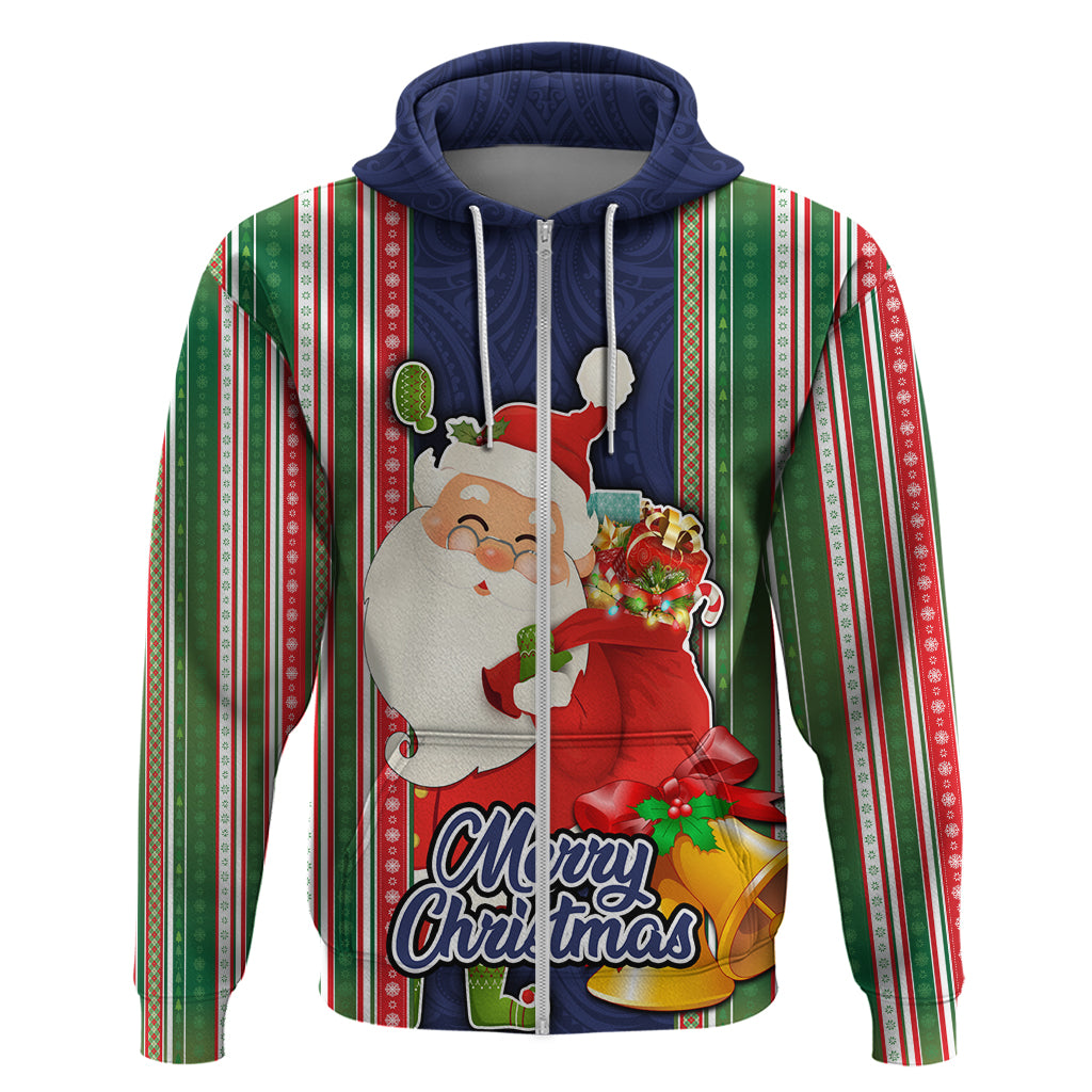 Kiribati Christmas Hoodie Santa With Gift Bag Behind Ribbons Seamless Blue Maori LT03 - Polynesian Pride