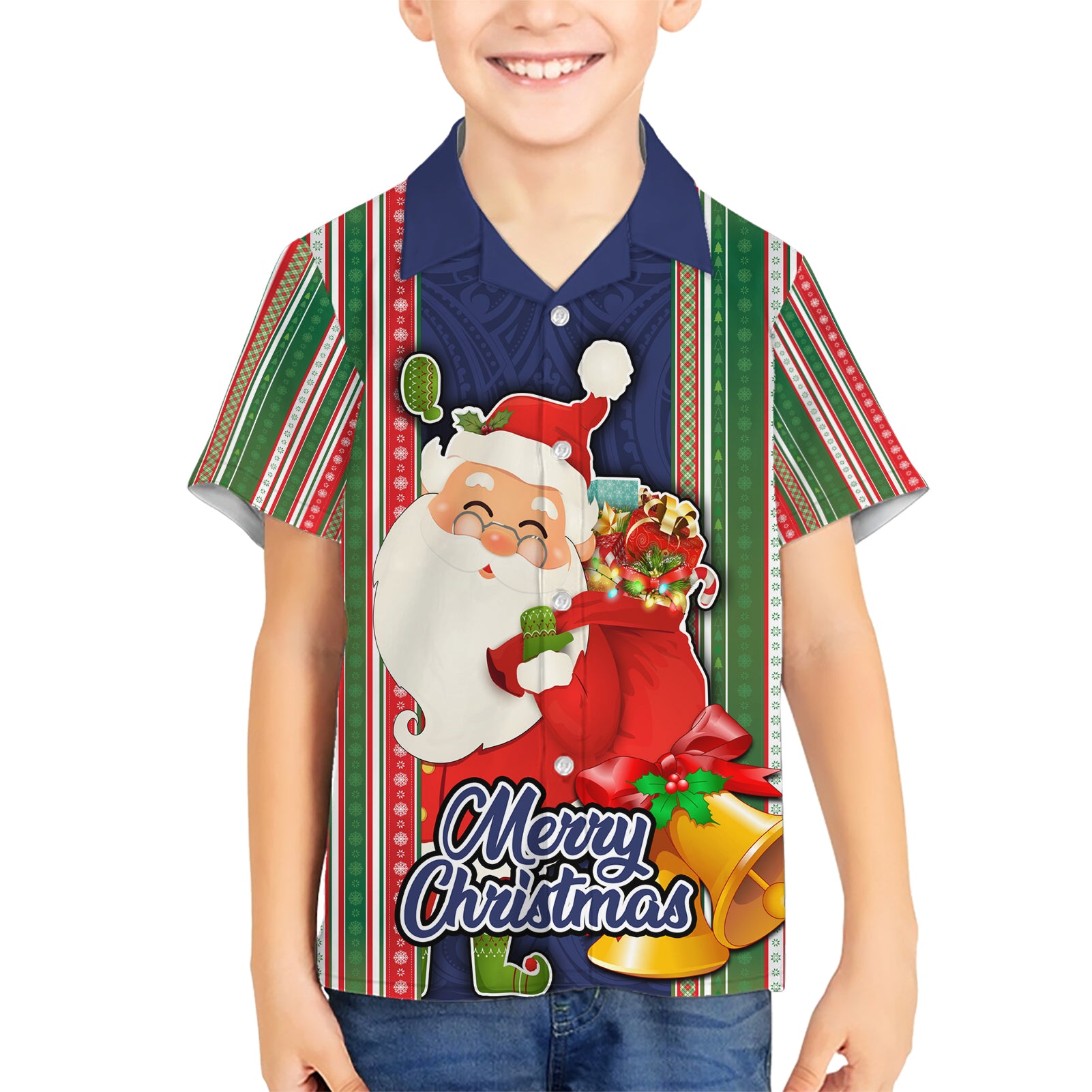 Kiribati Christmas Kid Hawaiian Shirt Santa With Gift Bag Behind Ribbons Seamless Blue Maori LT03 Kid Blue - Polynesian Pride