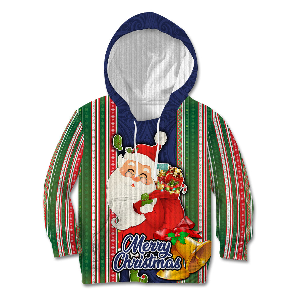 Kiribati Christmas Kid Hoodie Santa With Gift Bag Behind Ribbons Seamless Blue Maori LT03 Blue - Polynesian Pride