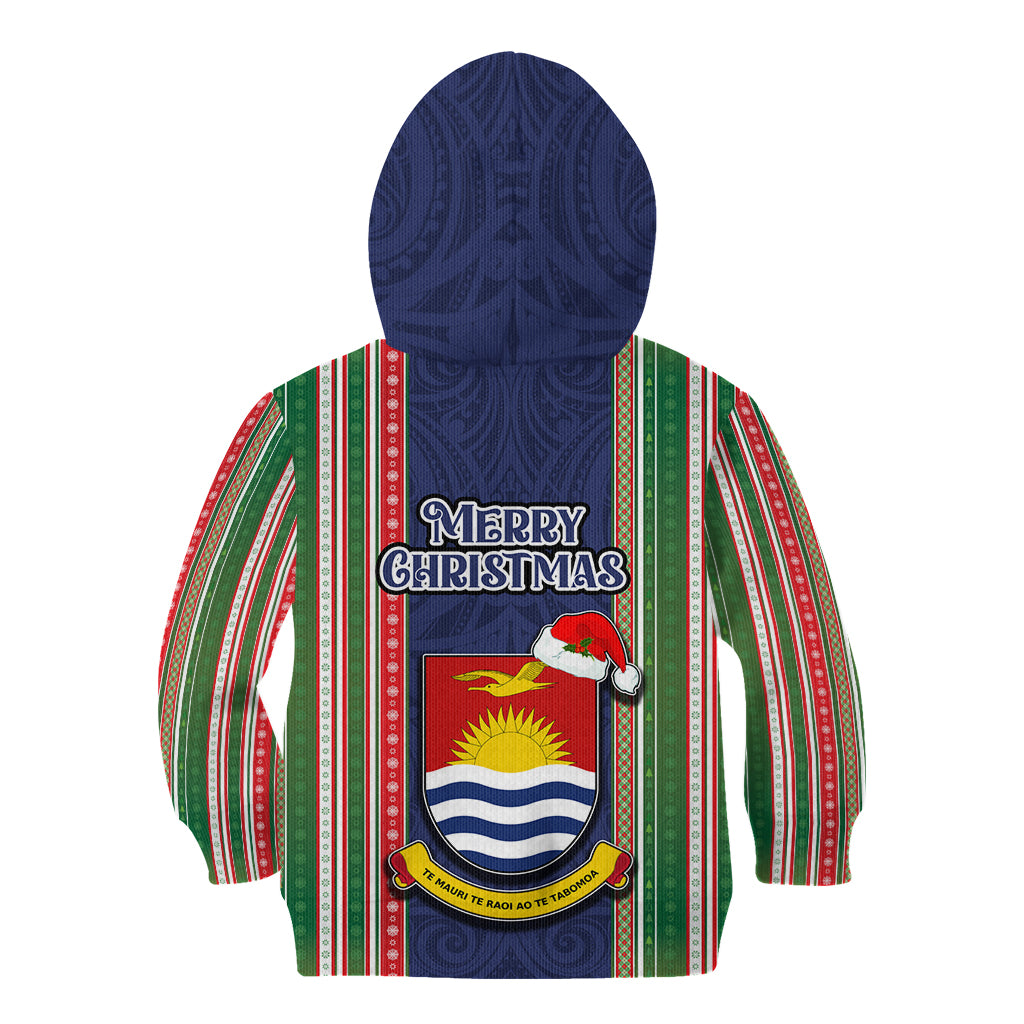 Kiribati Christmas Kid Hoodie Santa With Gift Bag Behind Ribbons Seamless Blue Maori LT03 - Polynesian Pride