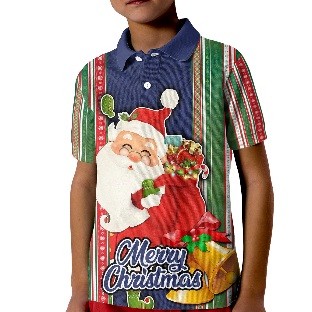 Kiribati Christmas Kid Polo Shirt Santa With Gift Bag Behind Ribbons Seamless Blue Maori LT03 Kid Blue - Polynesian Pride