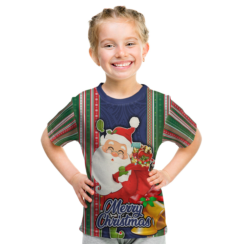 Kiribati Christmas Kid T Shirt Santa With Gift Bag Behind Ribbons Seamless Blue Maori LT03 Blue - Polynesian Pride