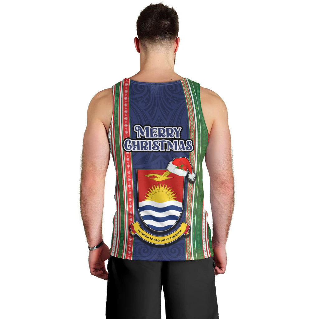 Kiribati Christmas Men Tank Top Santa With Gift Bag Behind Ribbons Seamless Blue Maori LT03 - Polynesian Pride
