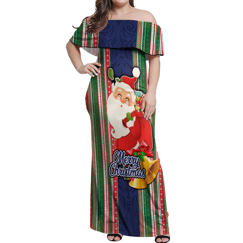 Kiribati Christmas Off Shoulder Maxi Dress Santa With Gift Bag Behind Ribbons Seamless Blue Maori LT03 Women Blue - Polynesian Pride